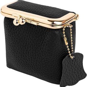 Vintage Black Leather Kiss Lock Coin Purse - Compact Portable Mini Wallet for Tr